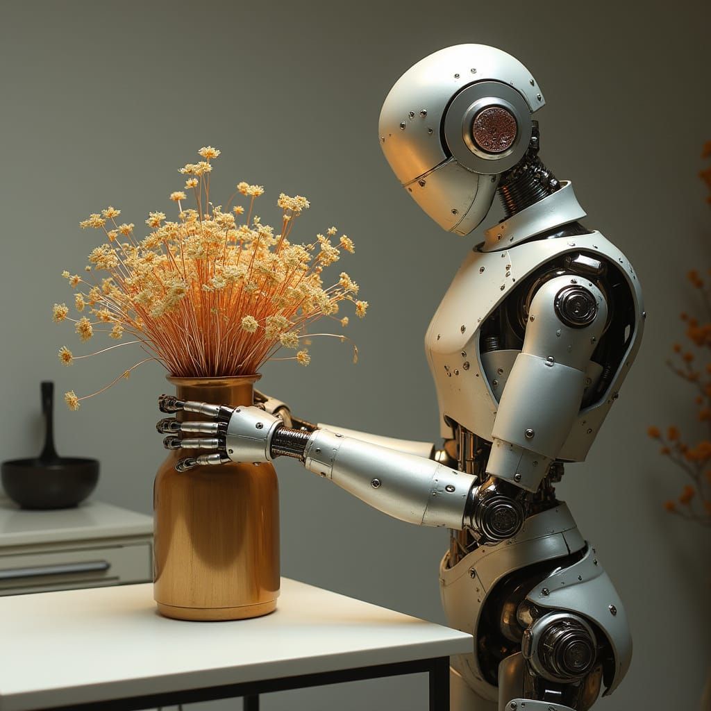 Robot Chef Arranging Steel Wildflowers: Art Deco Style