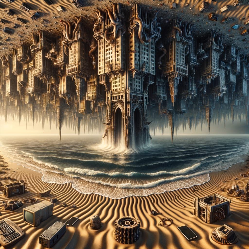 Apocalyptic Upside-Down Beach with Gothic City Portal
