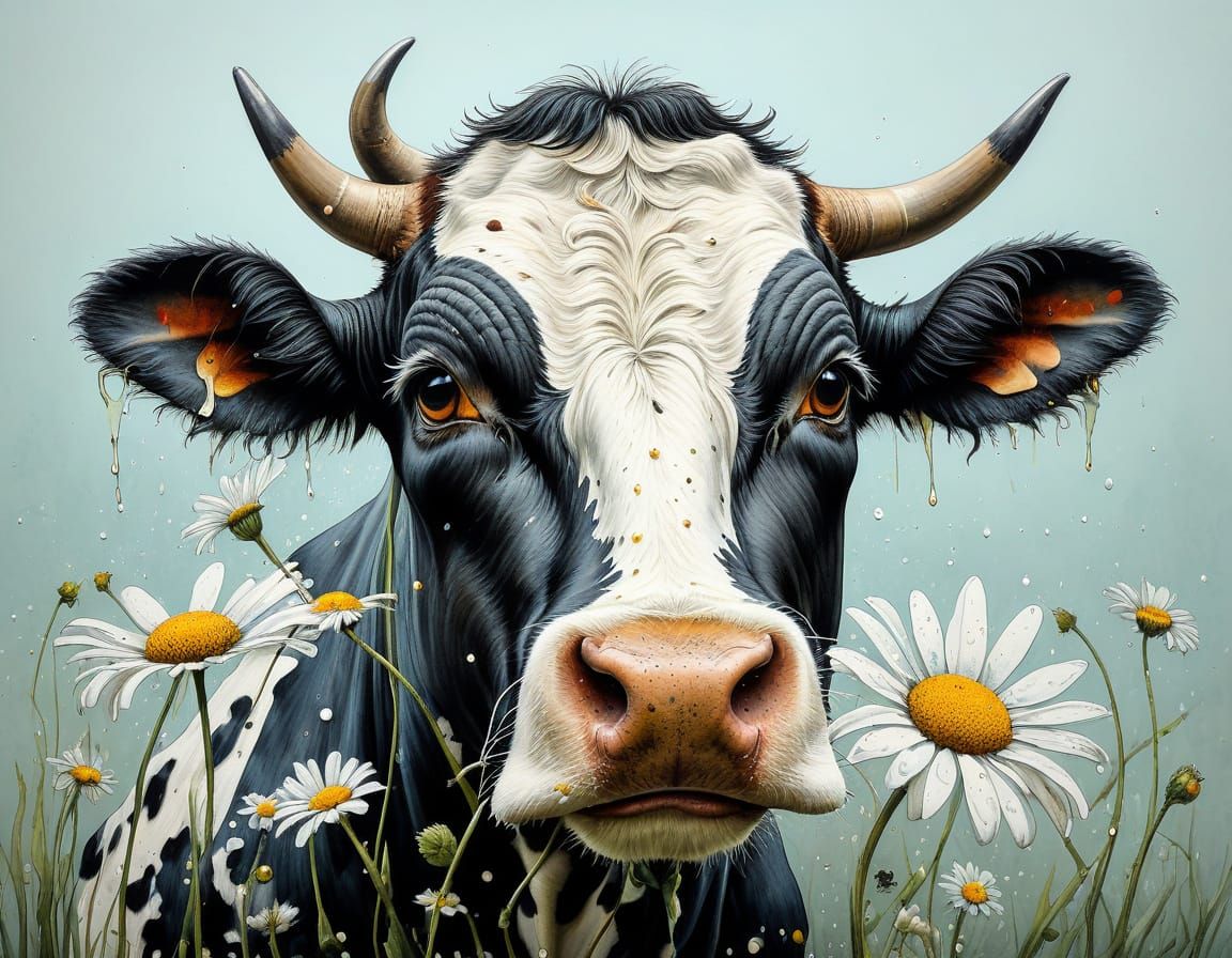 Elegant Oil Portrait of a Cow in a Colorful Landscape