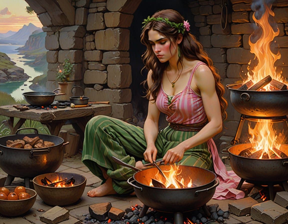 Ancient Goddess Cooks Over Blazing Fire