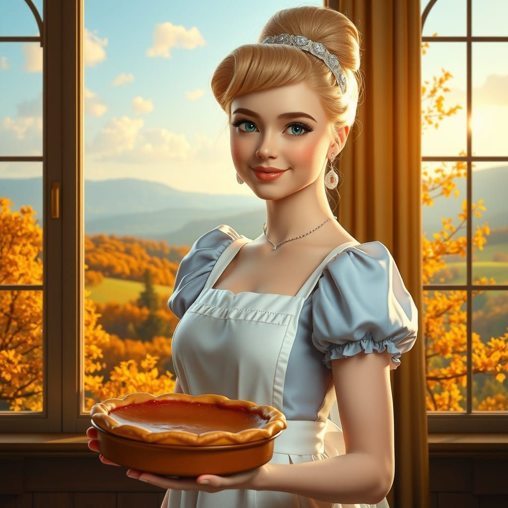 Cinderella in Autumn Landscape with Pumpkin Pie