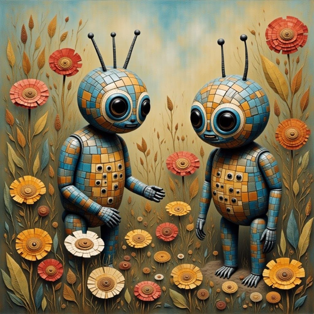 Vibrant Impasto Painting of Adorable Robots in a Floral Sett...