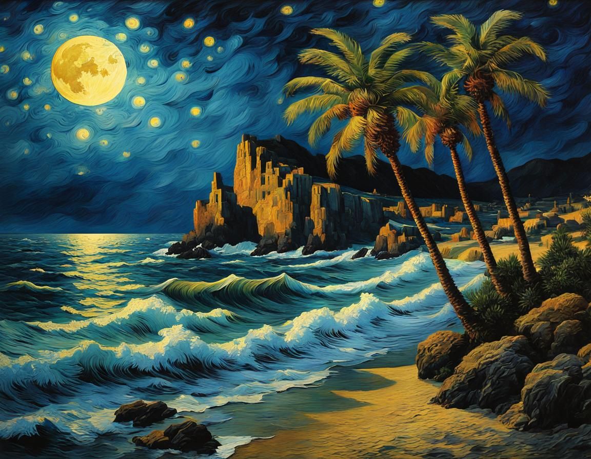 Gothic Island Beach Inspired by Van Gogh's Starry Night