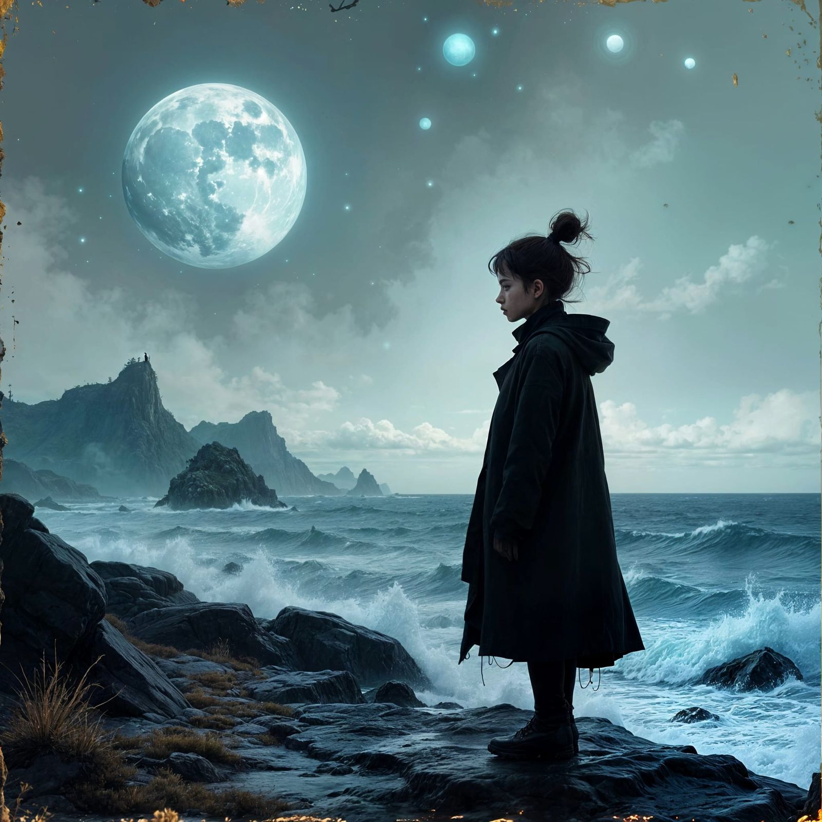 Mystical Woman Gazing at Horizon in Surreal Style