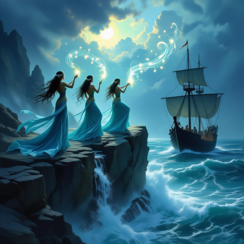 Ethereal Sirens Enchant Ship on Stormy Cliff