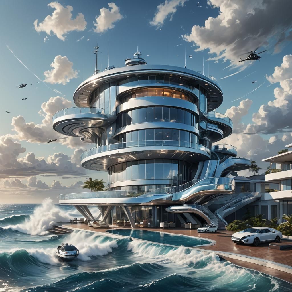 Futuristic Silver Villa Above Ocean Waves