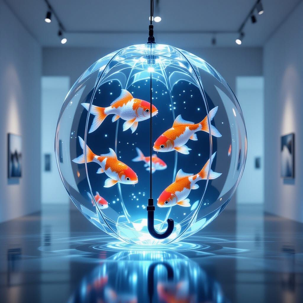Bioluminescent Koi in Crystal Umbrella, 3D Render