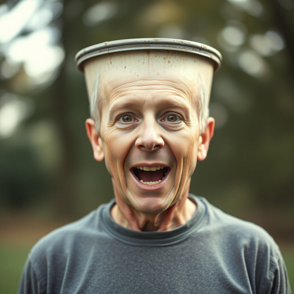 Man with Giant Bucket Head: Dramatic Photography