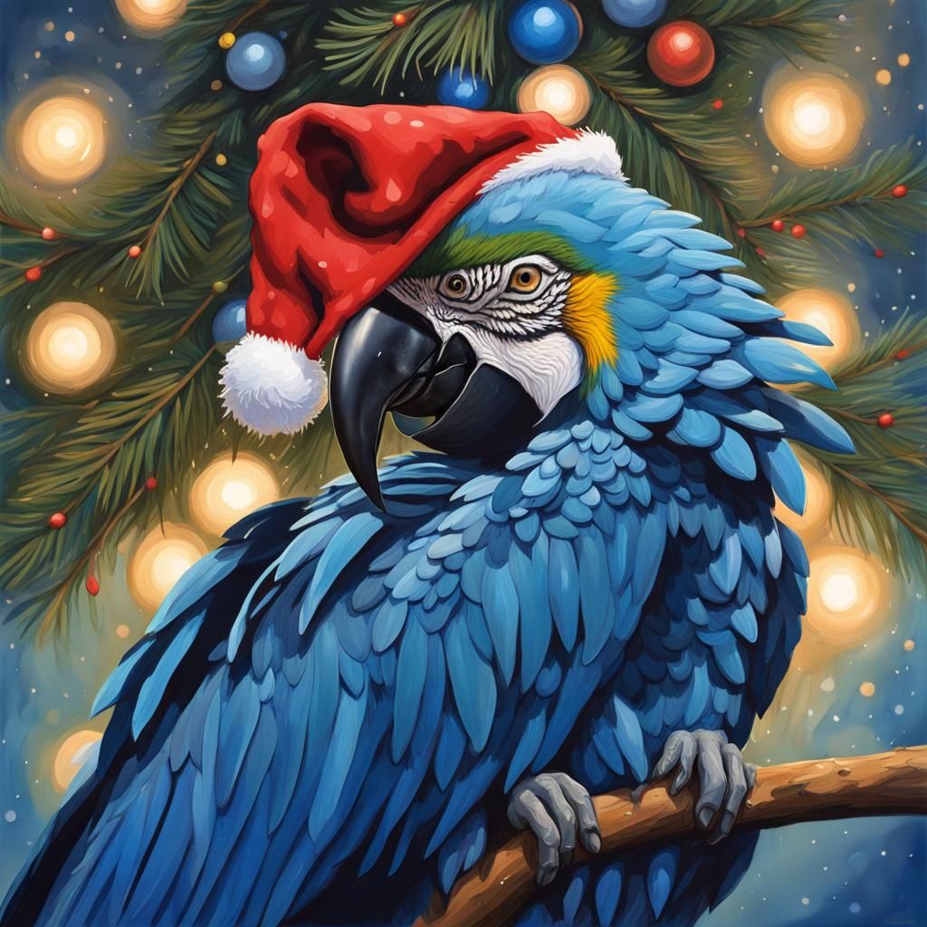 Macaw in Christmas Hat: Gouache Painting