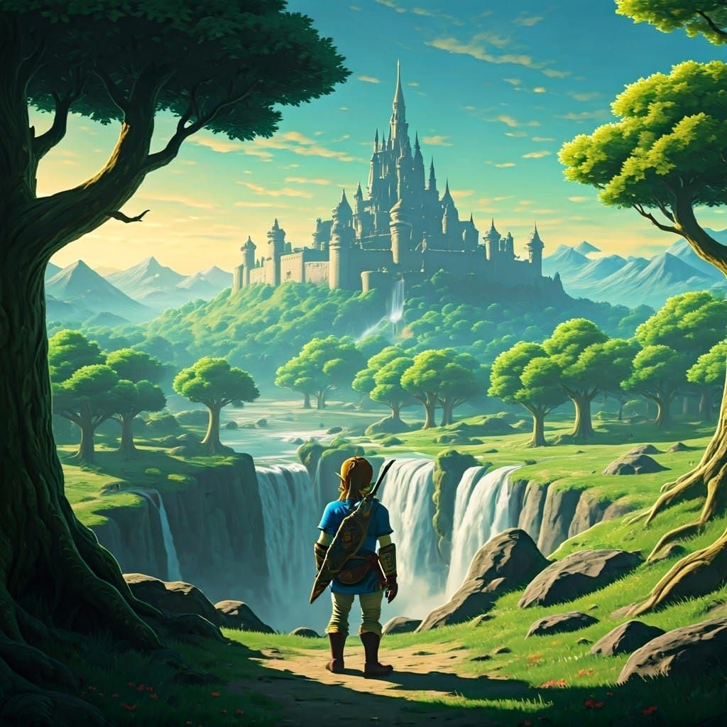 Epic Hyrule Castle Landscape with Heroic Link in Vibrant 4K