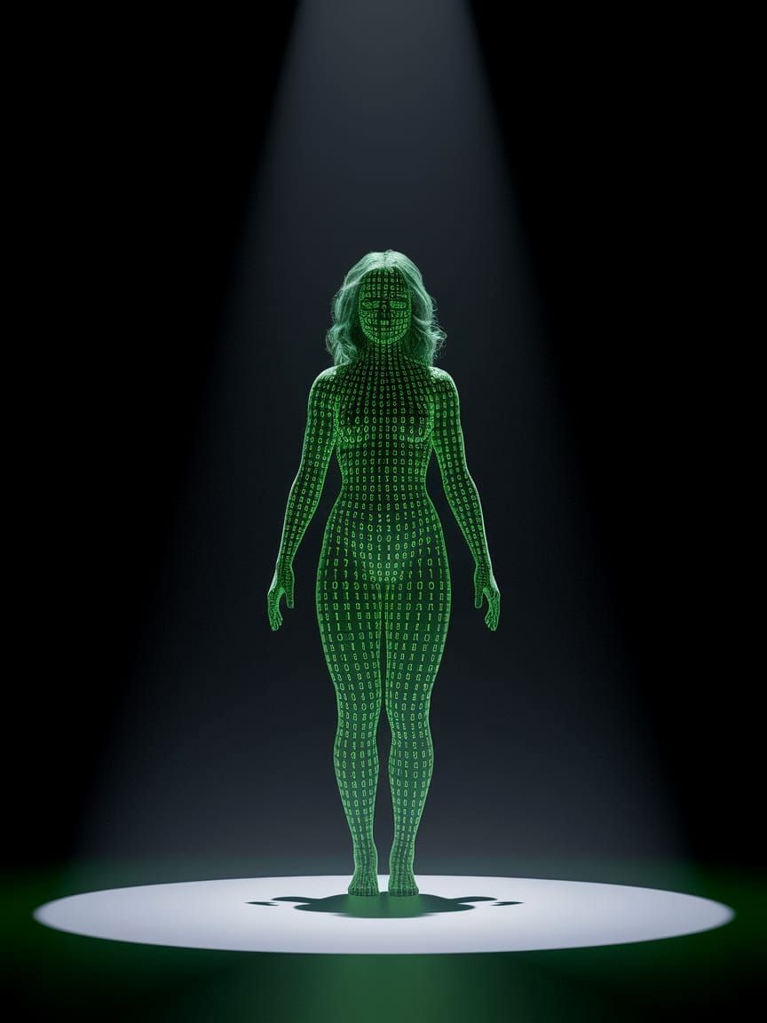 Surreal Green Binary Code Woman in MRI Scan Style