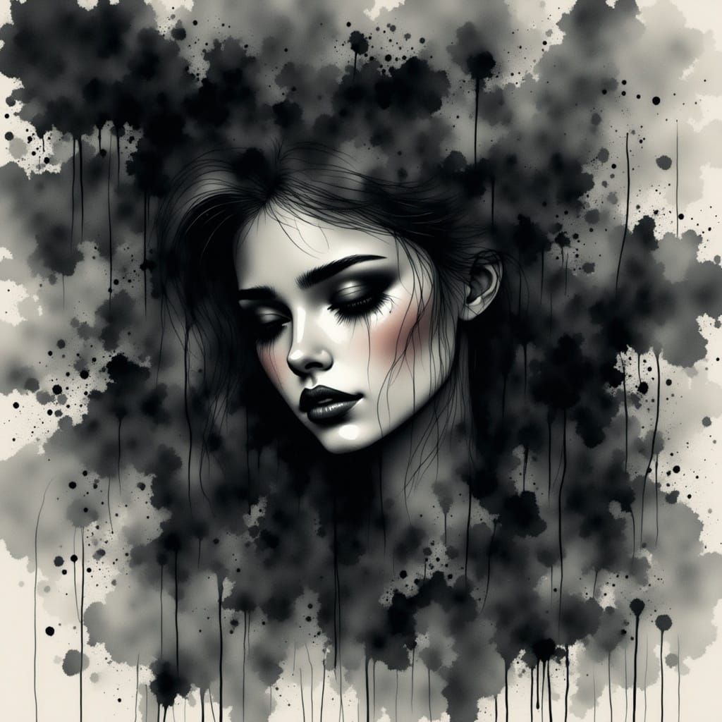 Woman Emerging from Black Ink Shadows in a Mysterious Waterc...