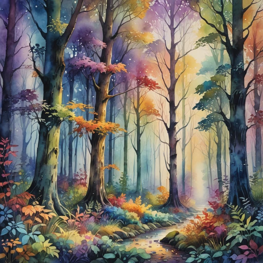 Mystical Rainbow Forest in Watercolor Style
