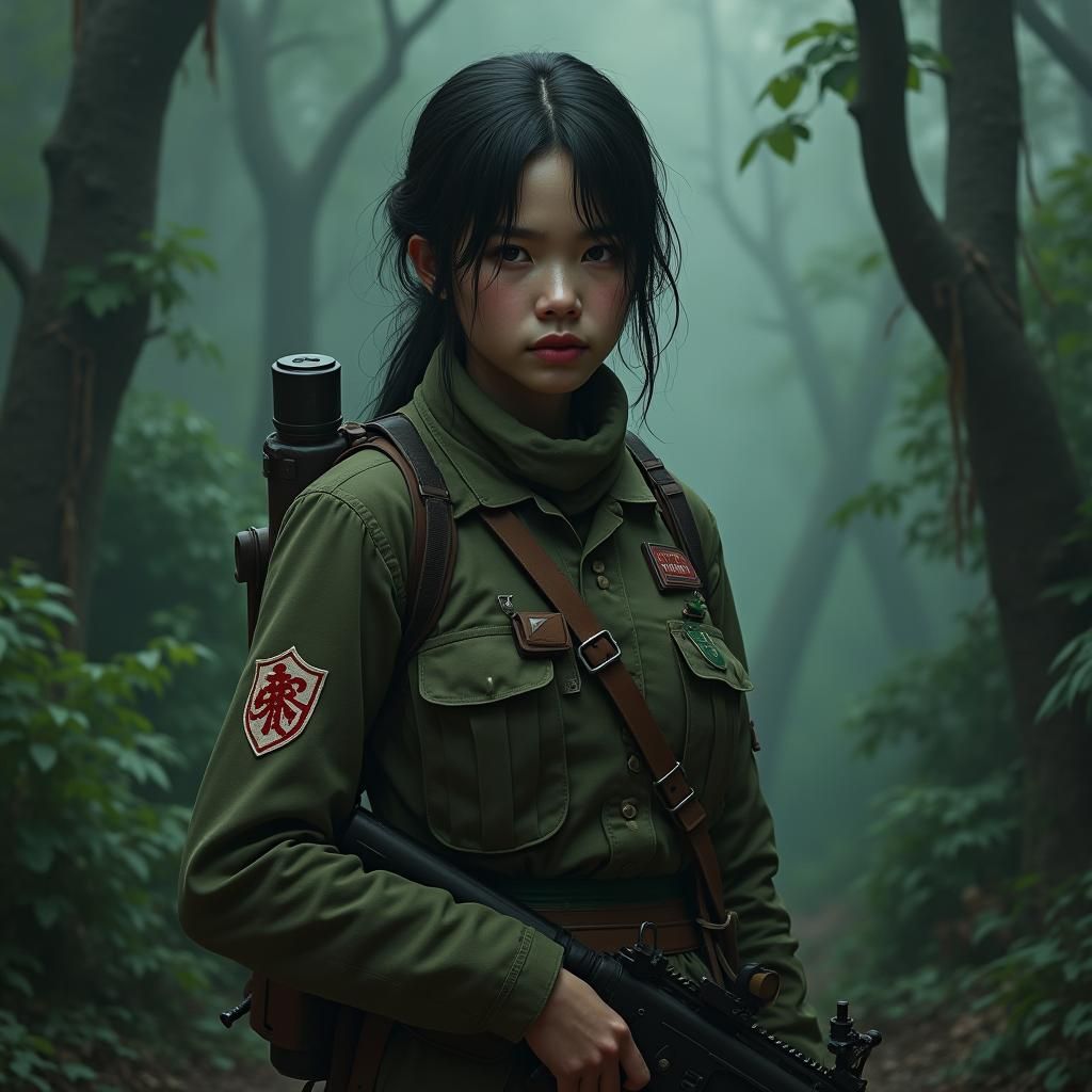 Viet Cong Sniper in War-Torn Jungle, Detailed Matte Painting