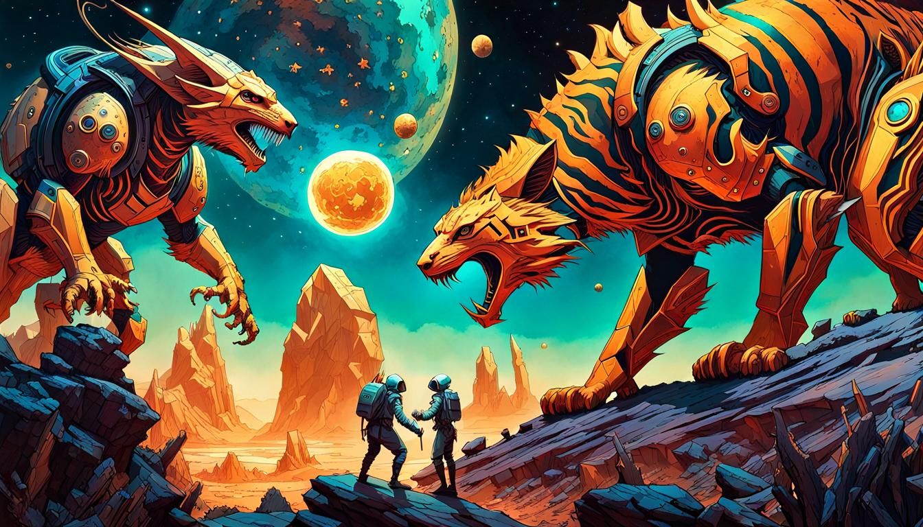 Aliens Dueling with Mechanical Tigers in Mixed Media
