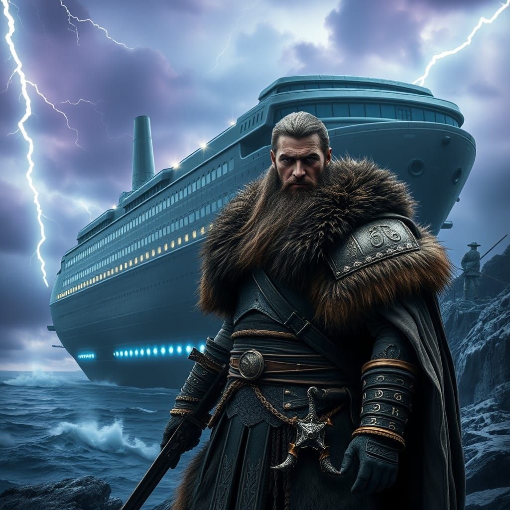 Viking Warrior Challenges Gods on Stormy Cliff Overlooking S...