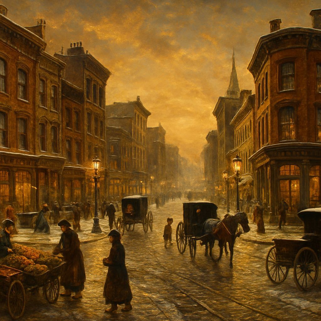 Snowy Victorian City Intersection at Magic Hour