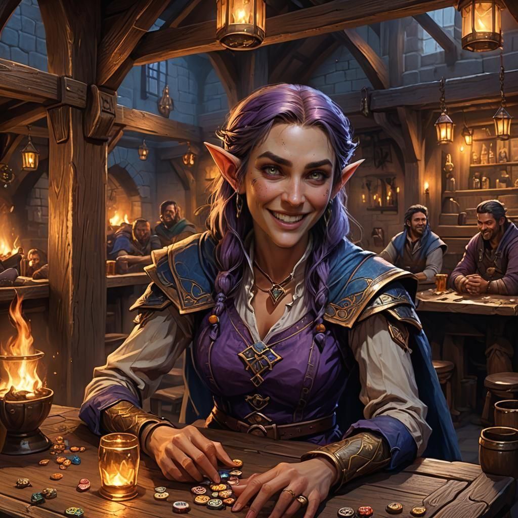 Elf Rogue Laughing in Tavern: Fantasy Concept Art