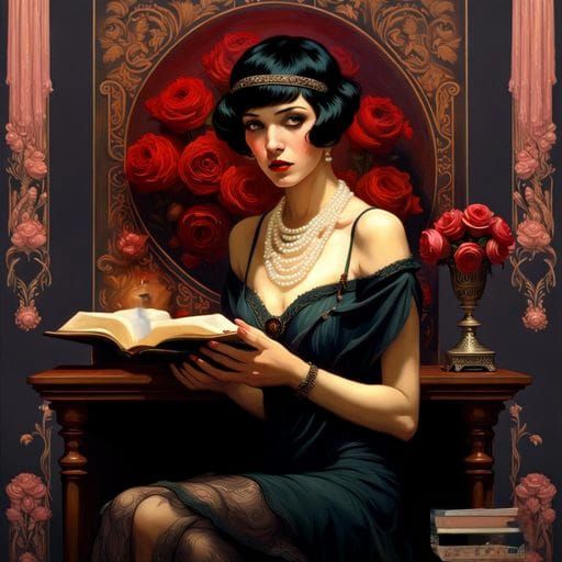Art Nouveau Flapper Reading a Book