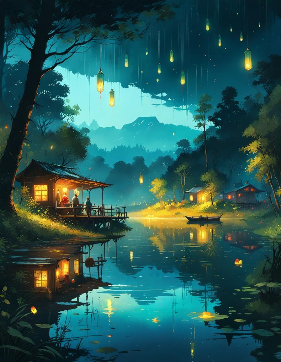 Fireflies by Lake: Digital Illustration in 8K