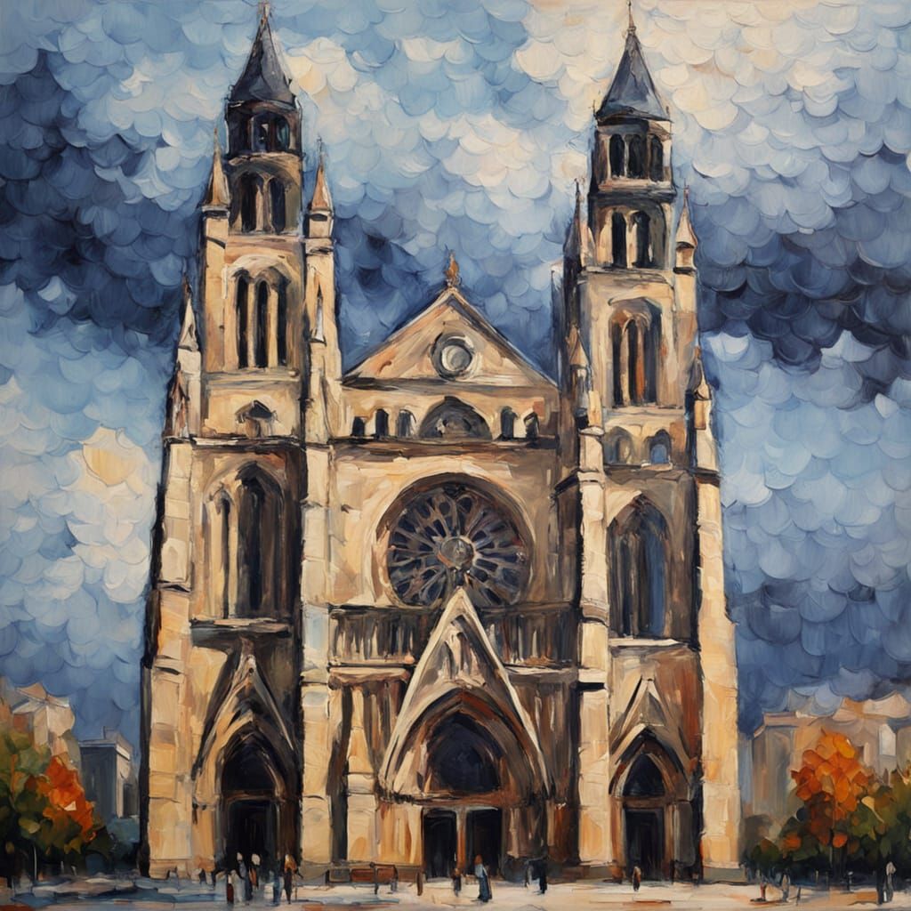 Neo-Impressionist Cathedral Under Dramatic Sky