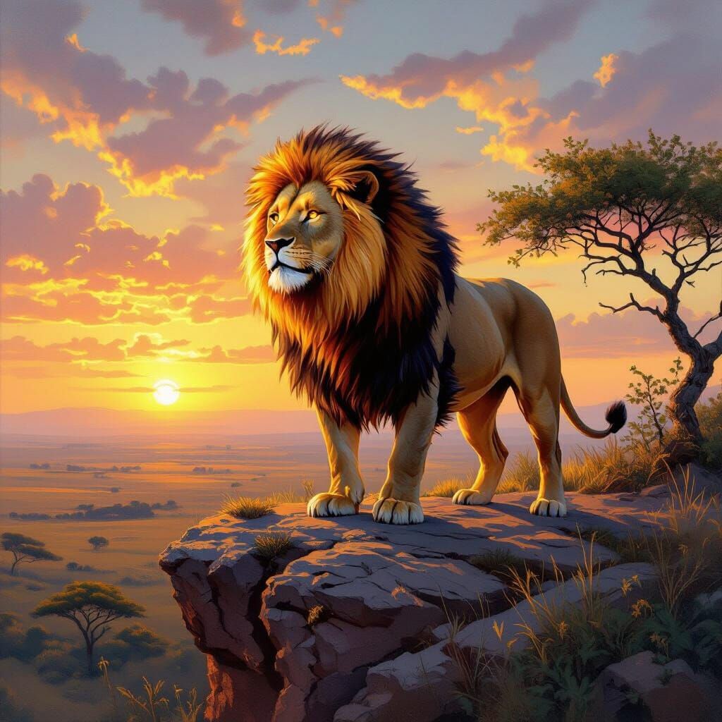 Lion with Fiery Mane Overlooking Savanna, Oil Painting