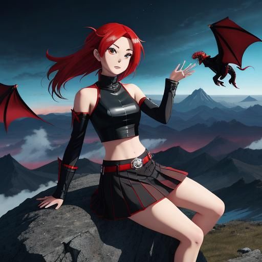 Anime Girl with Dragons on a Mountain