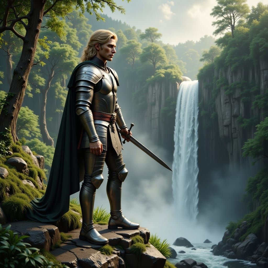 Siegfried at Waterfall's Edge in Gothic Art Style