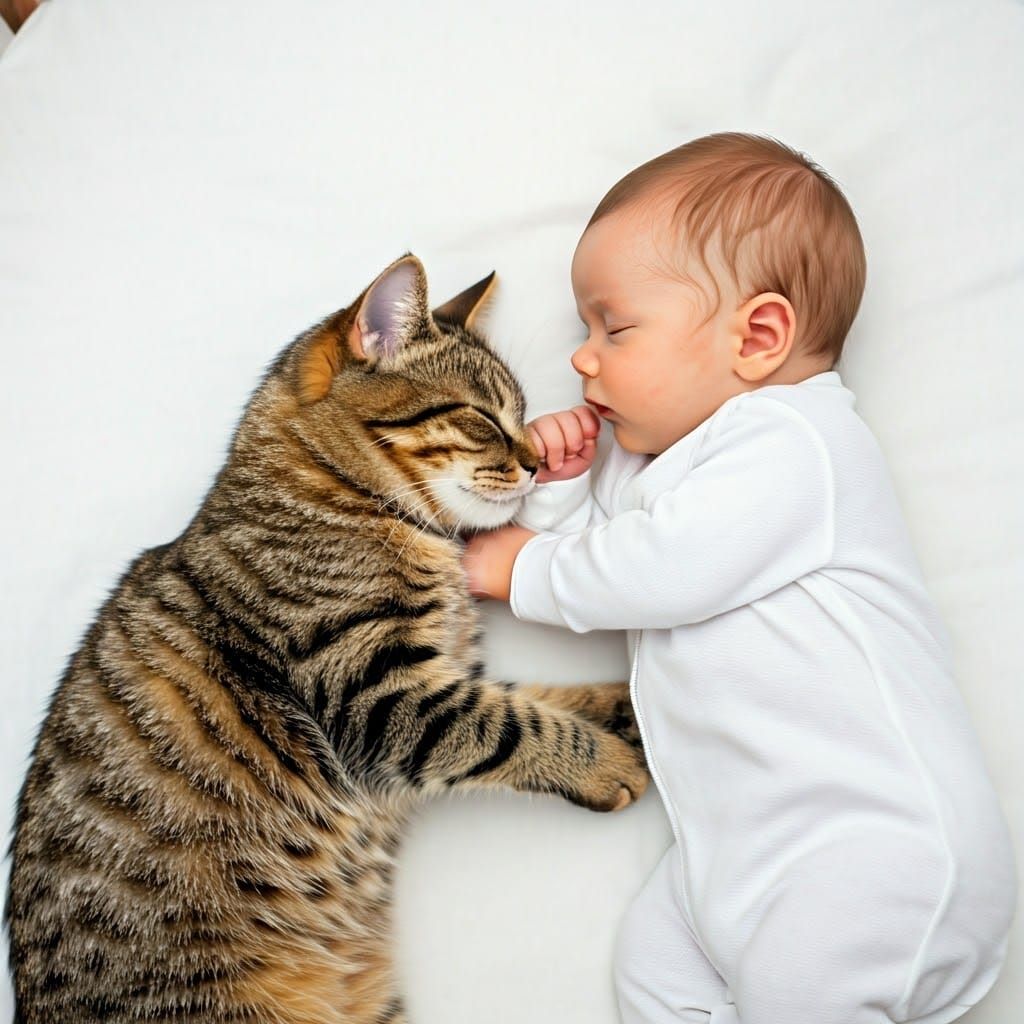 Cat and Baby Sleeping: Photorealistic Image