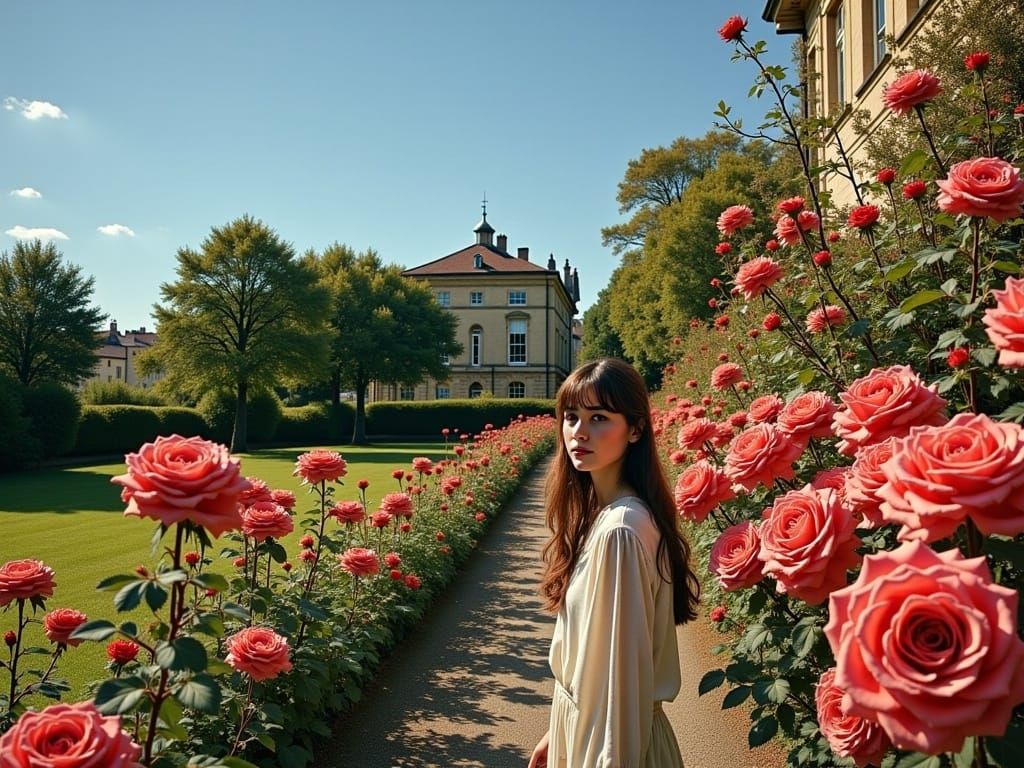 Young Woman Surrounded by Roses in Dreamlike Collage