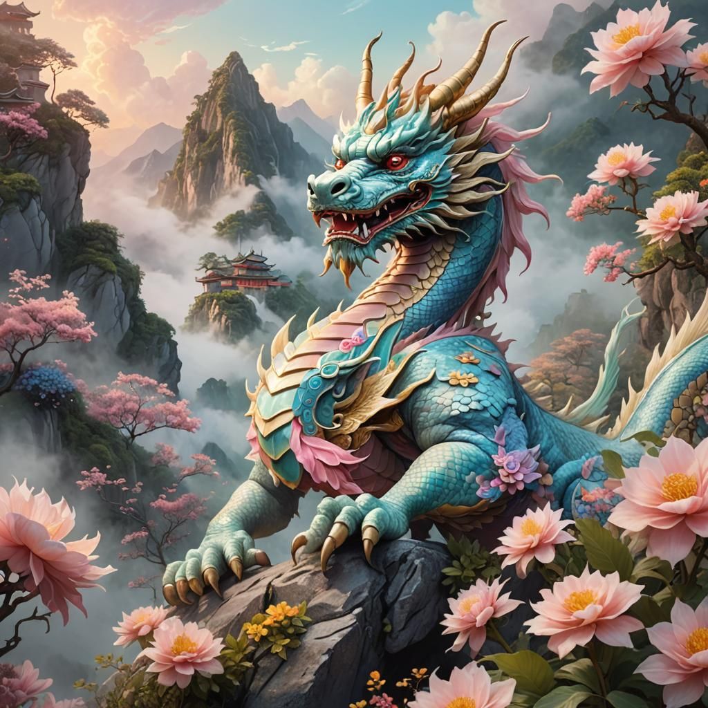 Majestic Chinese Dragon on Misty Peak