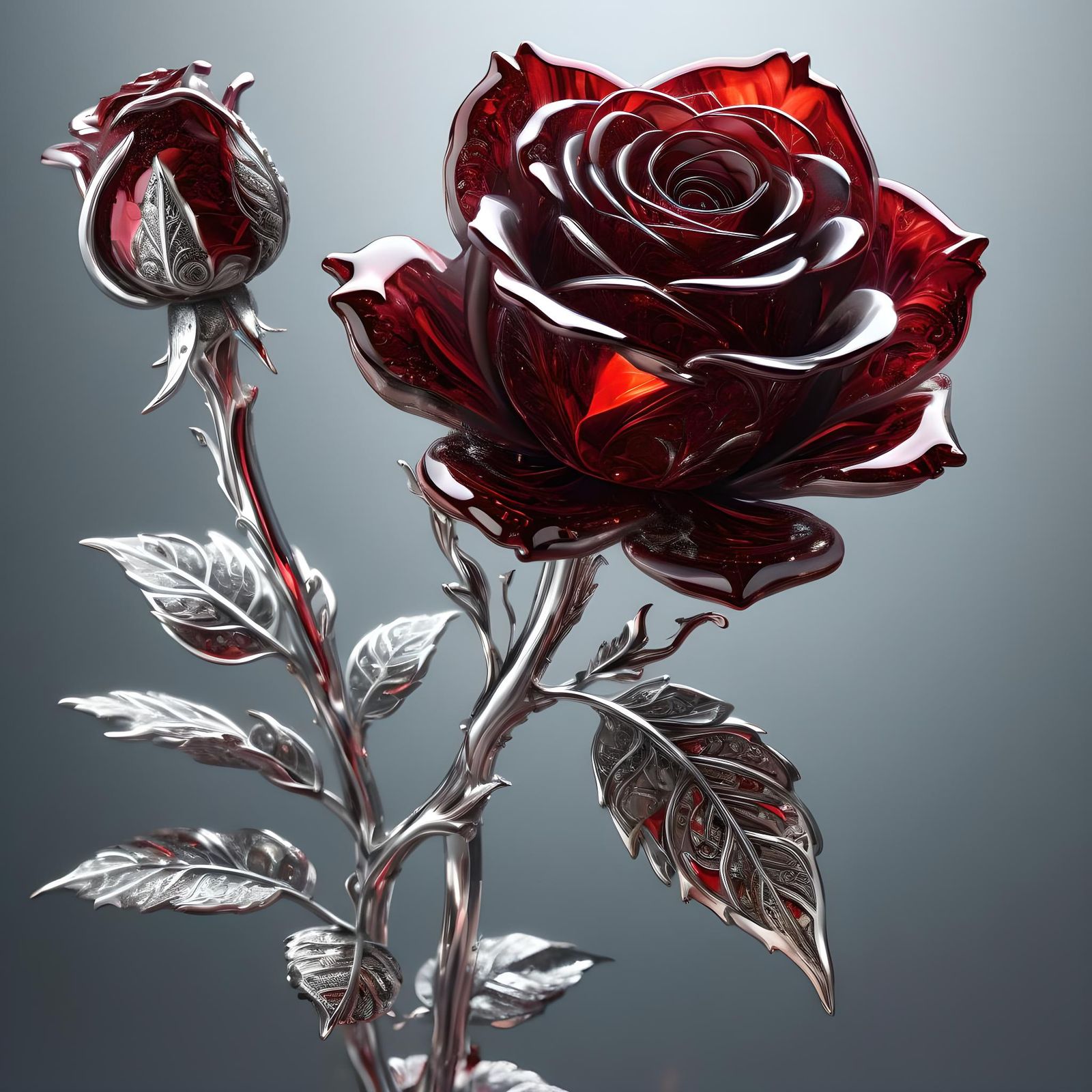 Translucent Red Crystal Rose with Silver Fractals