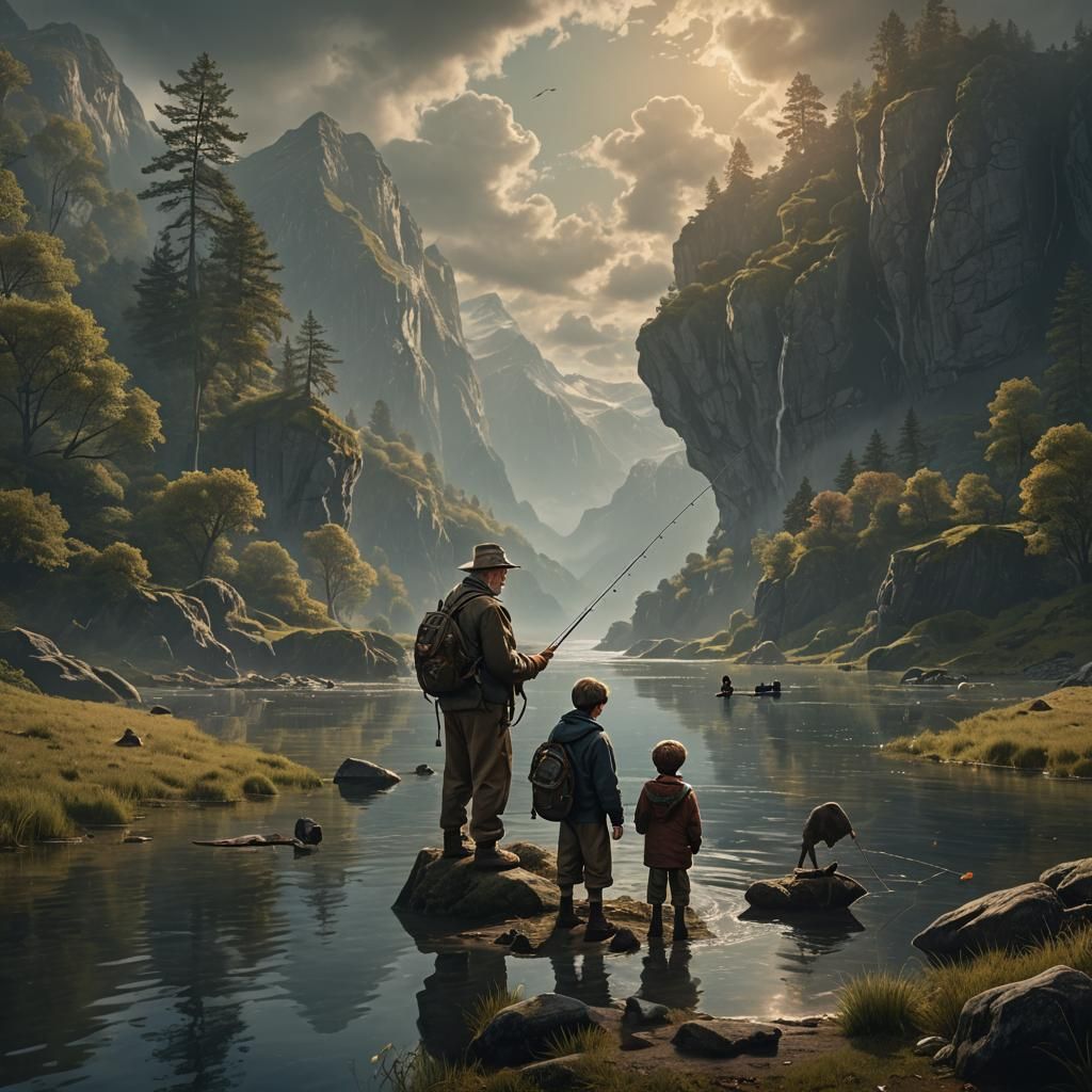 Grandfather and Grandson Fishing: Digital Matte Painting