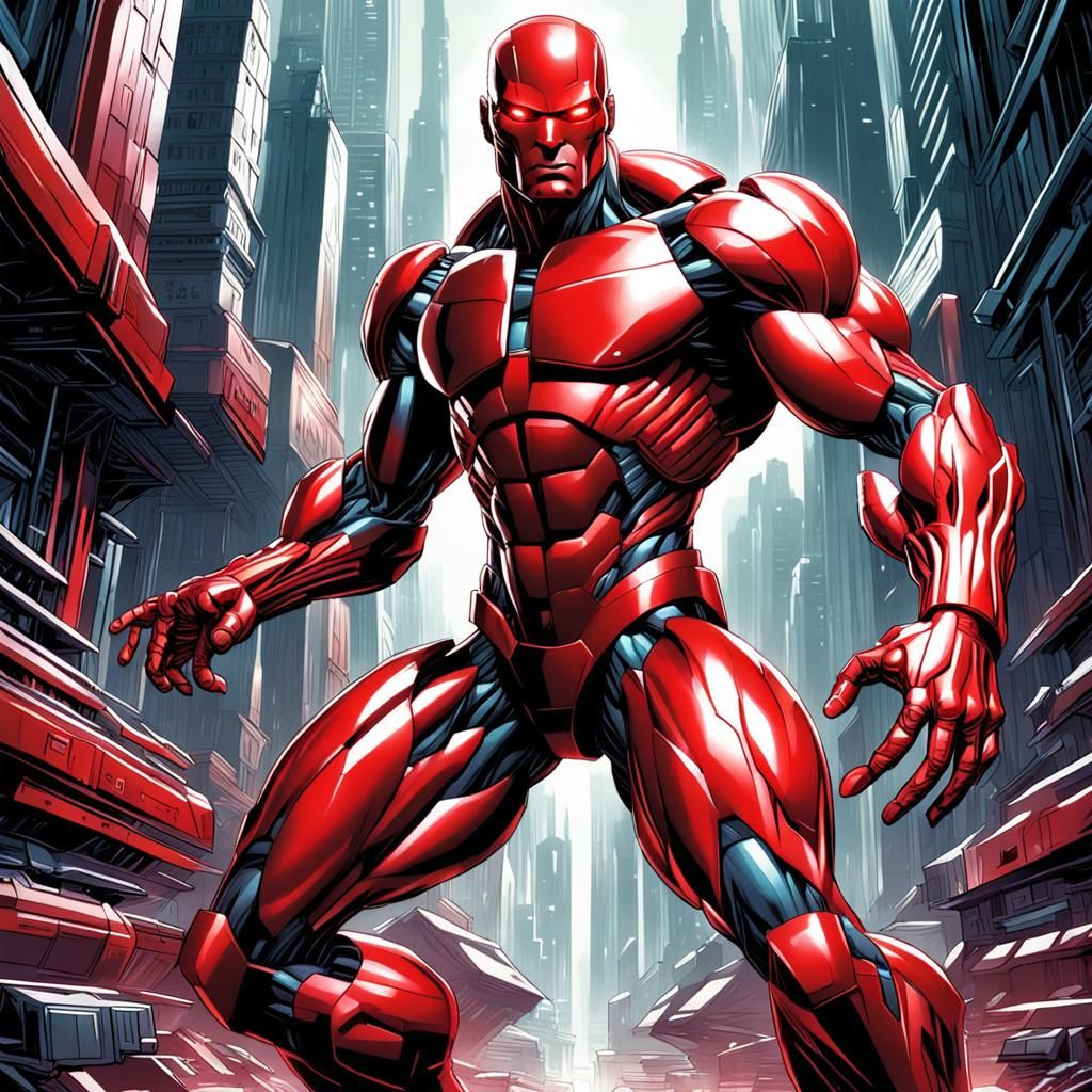 Red Synthetic Humanoid in Comic Book Style