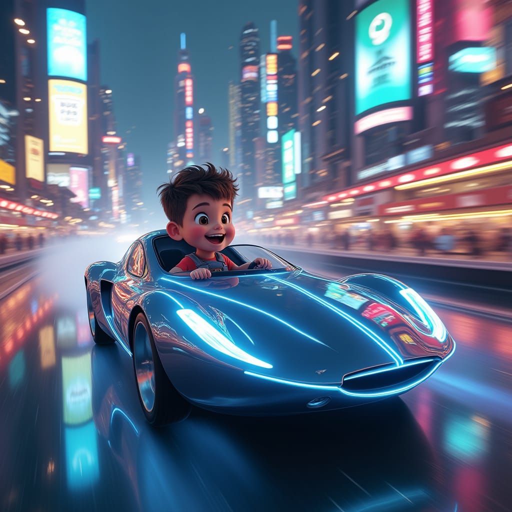 Futuristic Car in Neon Cityscape