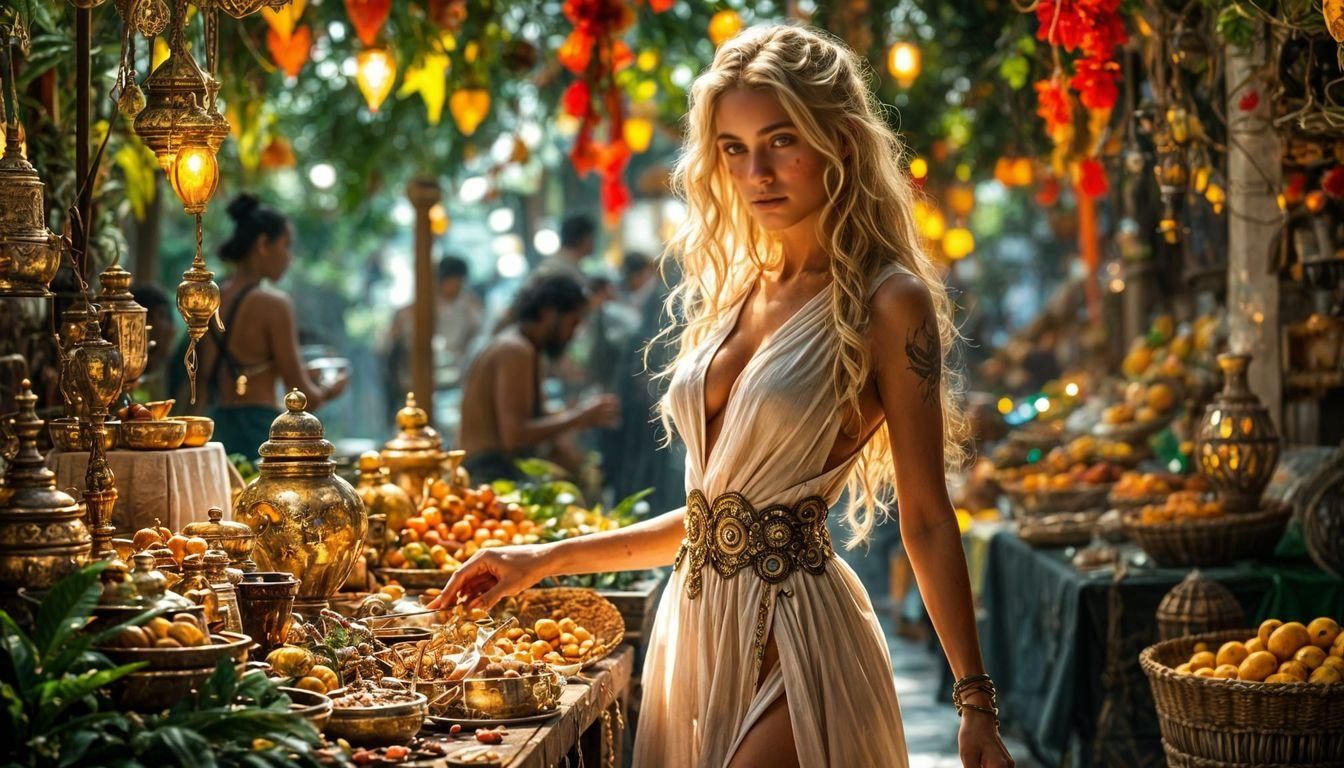 Sensual Amazonian Warrior Amidst Vibrant Markets in Ancient...