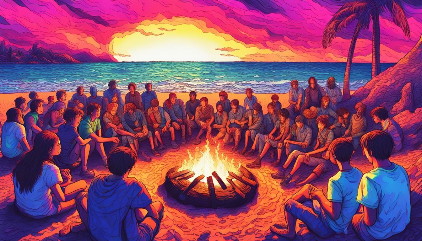 Beach Bonfire with Guitars in Retro Vaporwave Style