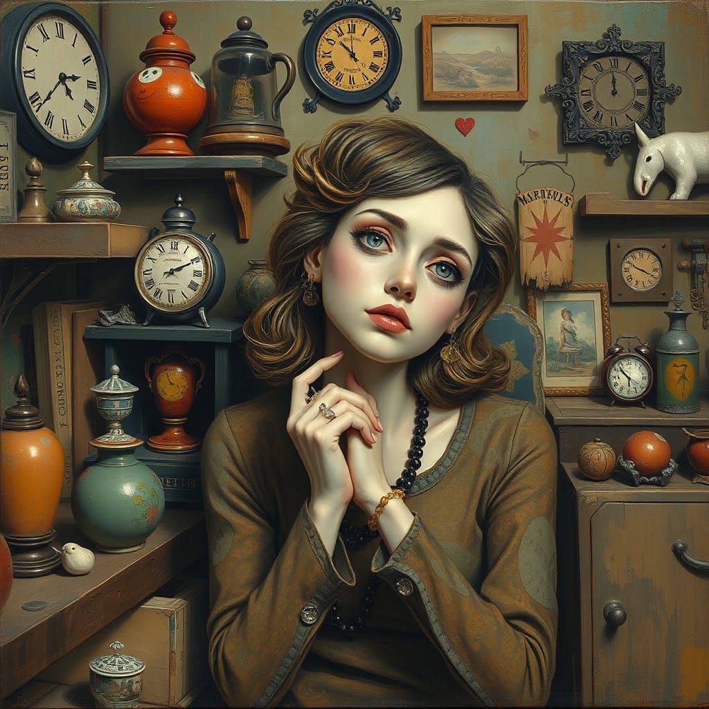 Quirky Woman in Cozy Art Brut Setting