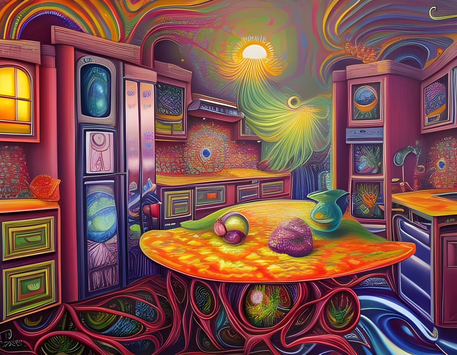 Psychedelic Kitchen in Oil, Visionary Art Dreamscape