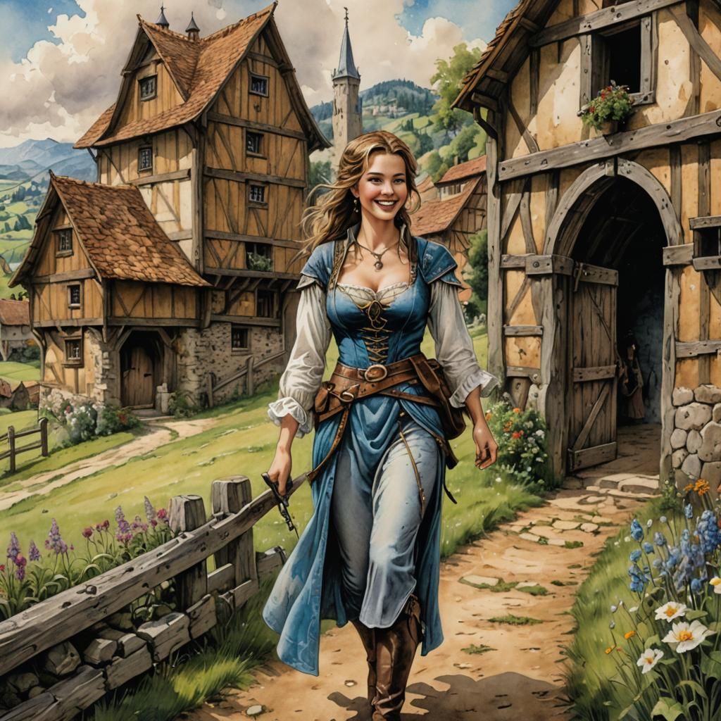 Medieval Village Scene with Female Adventurer