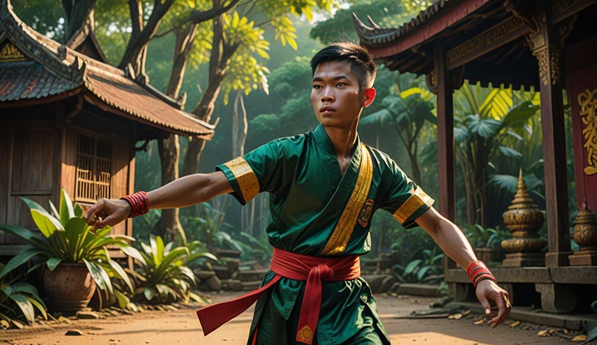 Thai Boy Sword Dance in Whimsical Forest