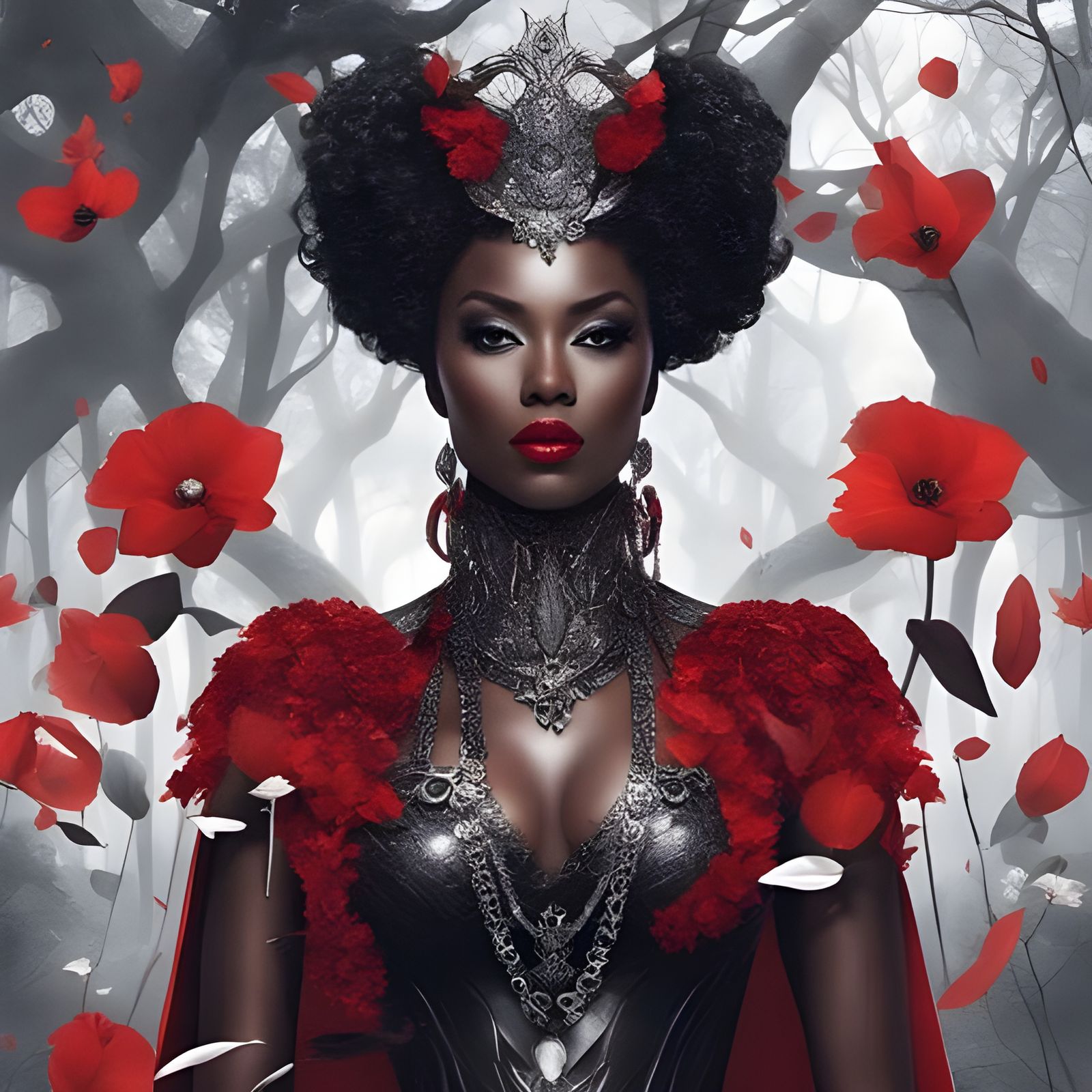 African Goddess in Silver Petal Forest