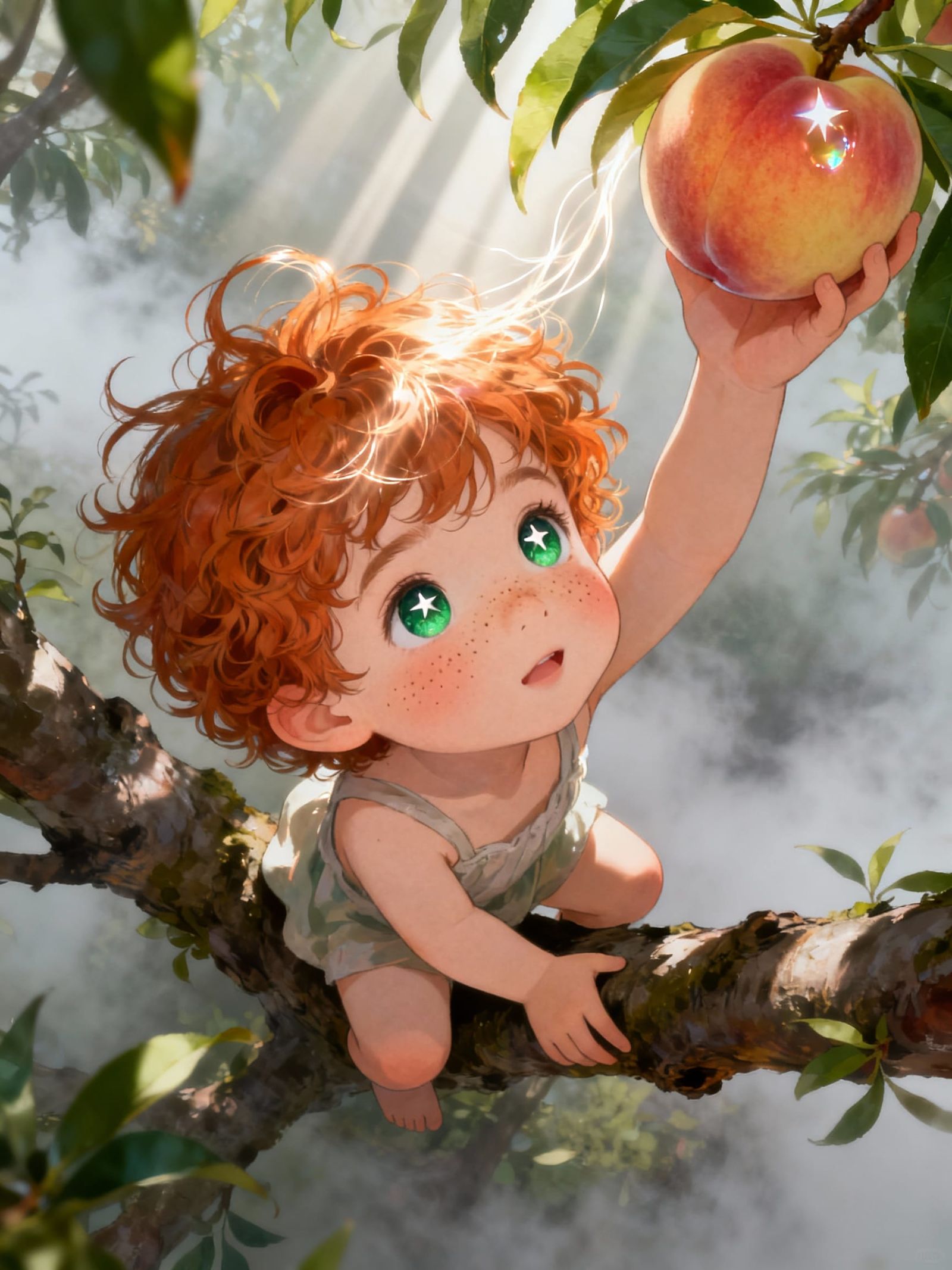 Manhwa Art of Child Plucking Peach in God Rays