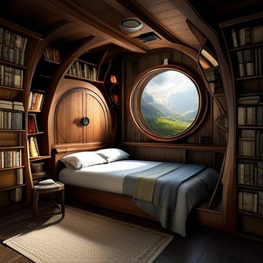 Cozy Hobbit Bedroom with Bookshelves, Fantasy Concept Art