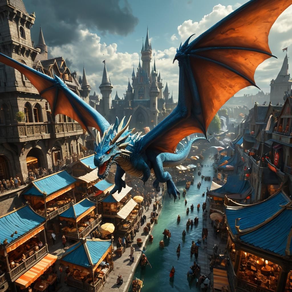 Fantasy Dragon Over Crowded Market: Digital Masterpiece