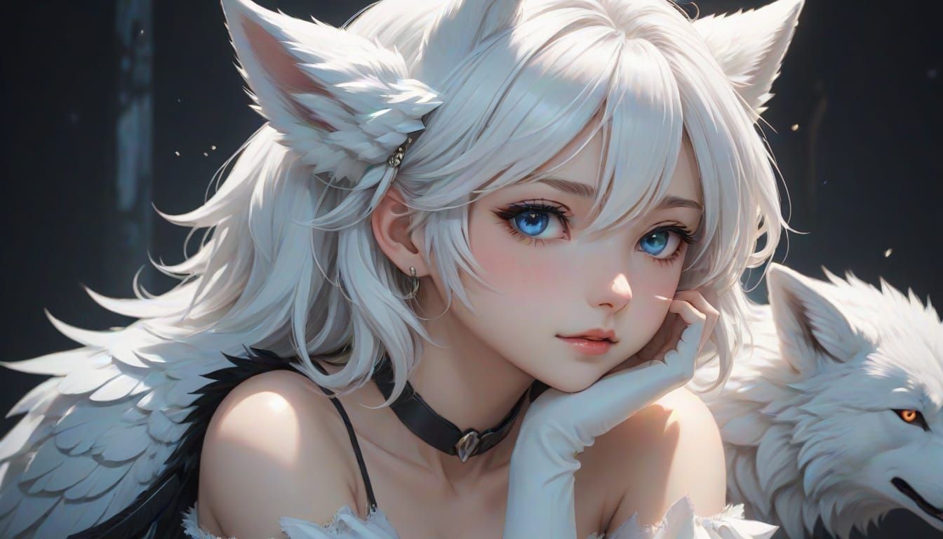 Anime Wolf Girl with Angel in Pastel Colors