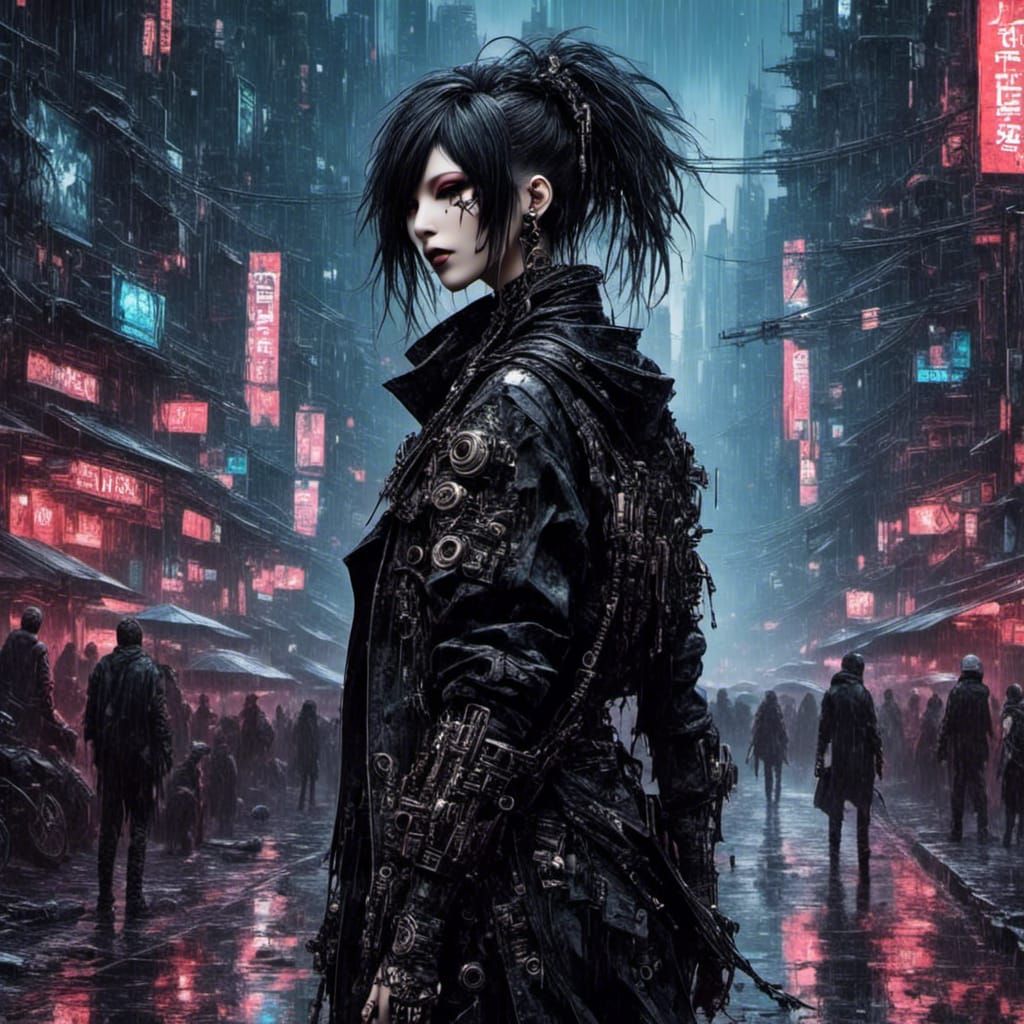 Gothic Punk Cyborg in Cyberpunk Cityscape