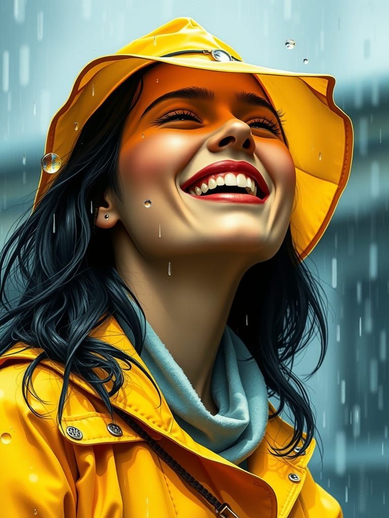 Woman in Yellow Raincoat Smiles in the Rain