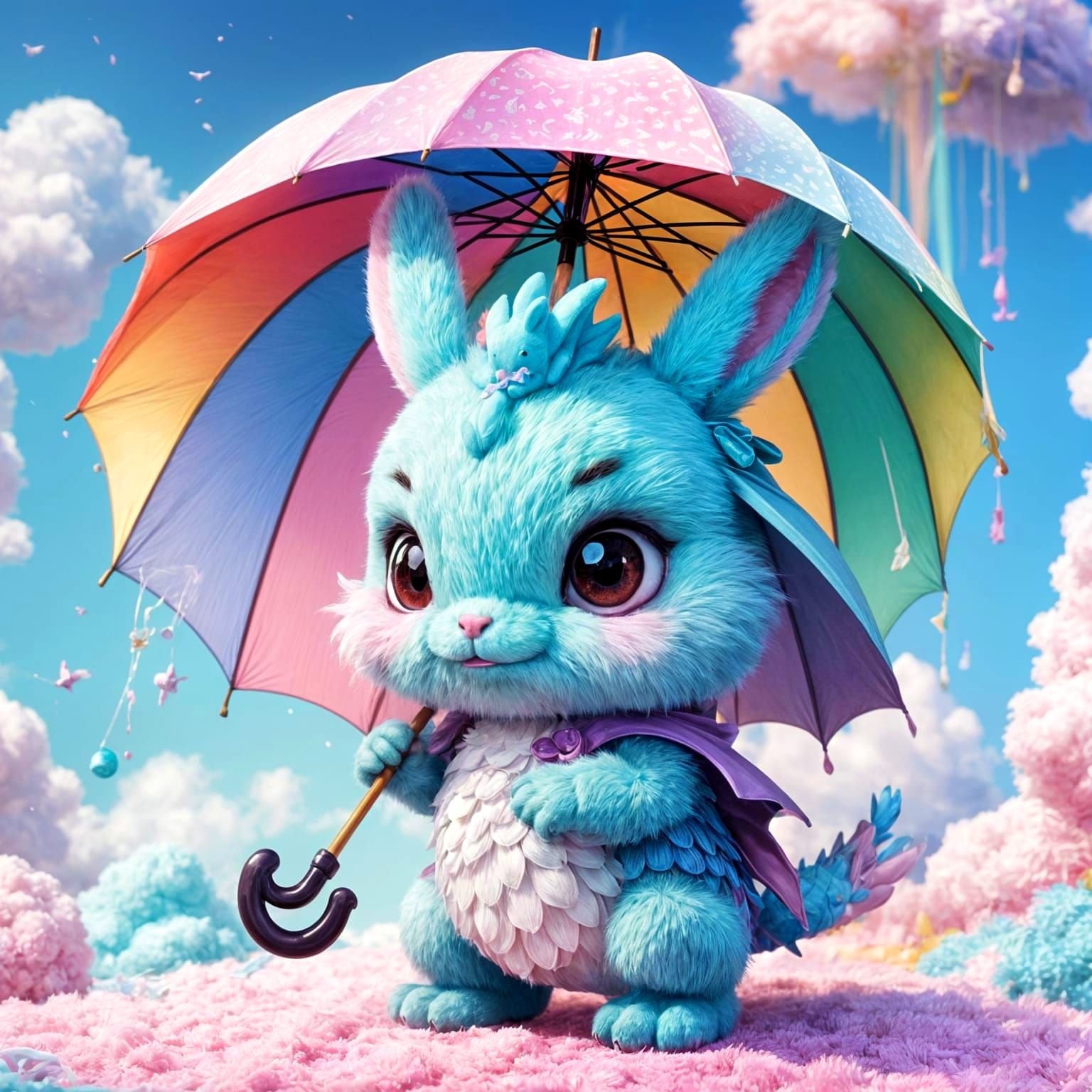 Chibi Dragon and Bunny with Rainbow, Kawaii Style