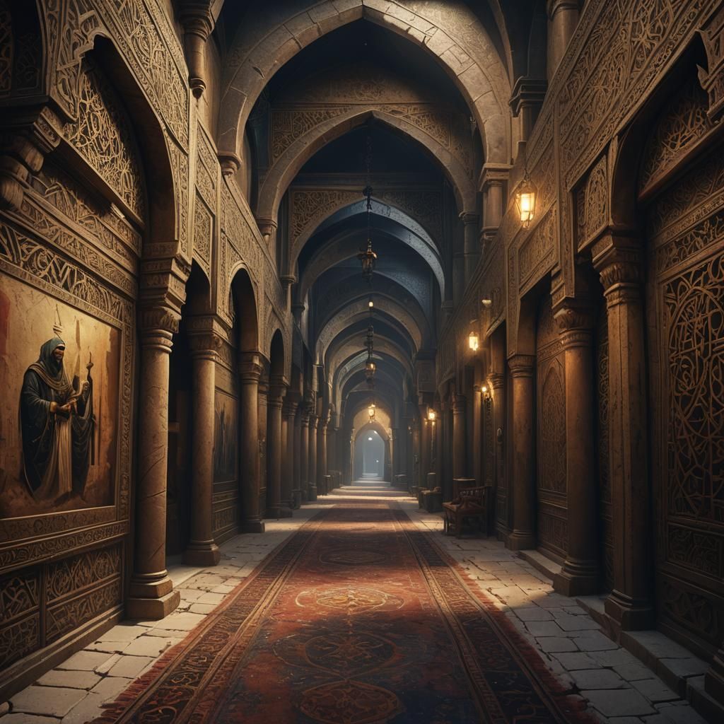 Creepy Arab Corridor of Paintings in Dark Fantasy Style